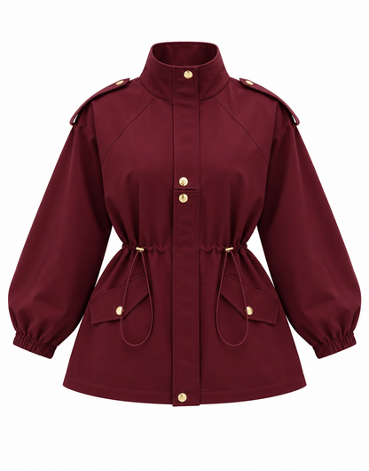 Drawstring gold buttons Waist Utility Jacket - burgundy