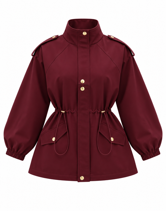 Drawstring gold buttons Waist Utility Jacket - burgundy