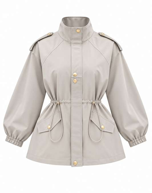 Drawstring gold buttons Waist Utility Jacket - beige