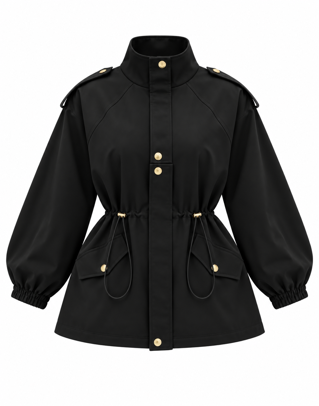 Drawstring gold buttons Waist Utility Jacket - black