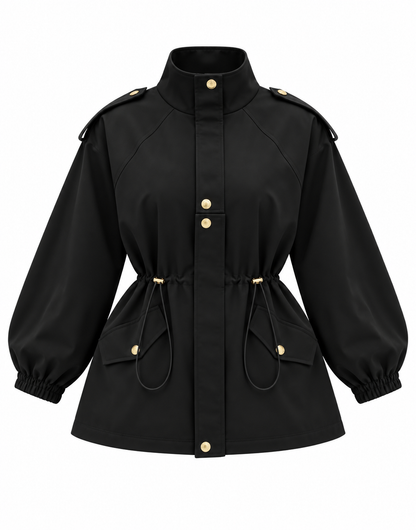 Drawstring gold buttons Waist Utility Jacket - black
