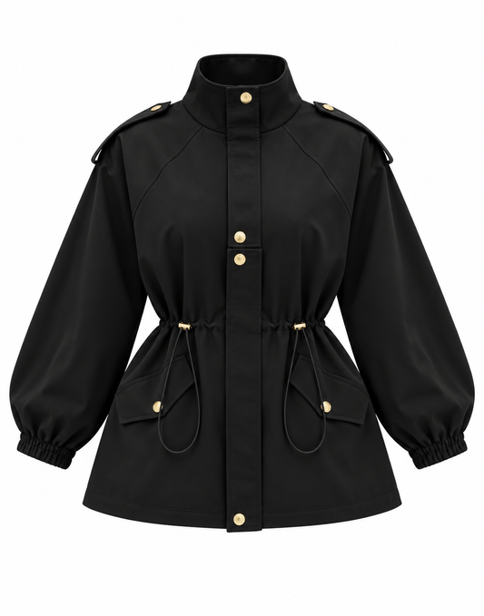 Drawstring gold buttons Waist Utility Jacket - black