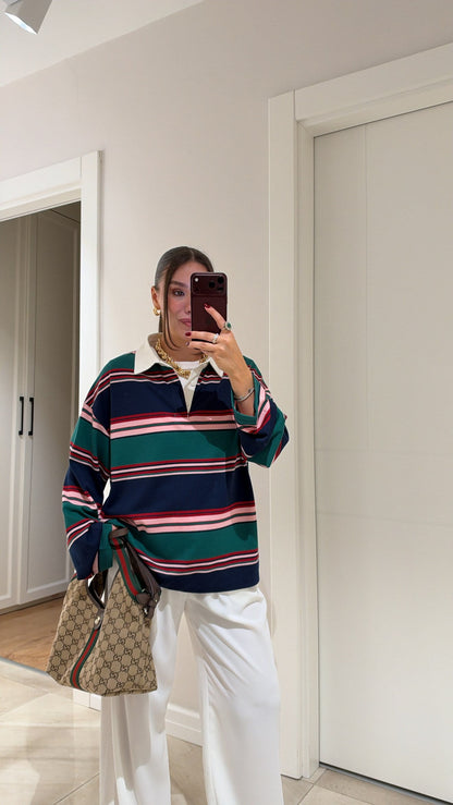 Zra model Green and Navy Striped Polo Shirt