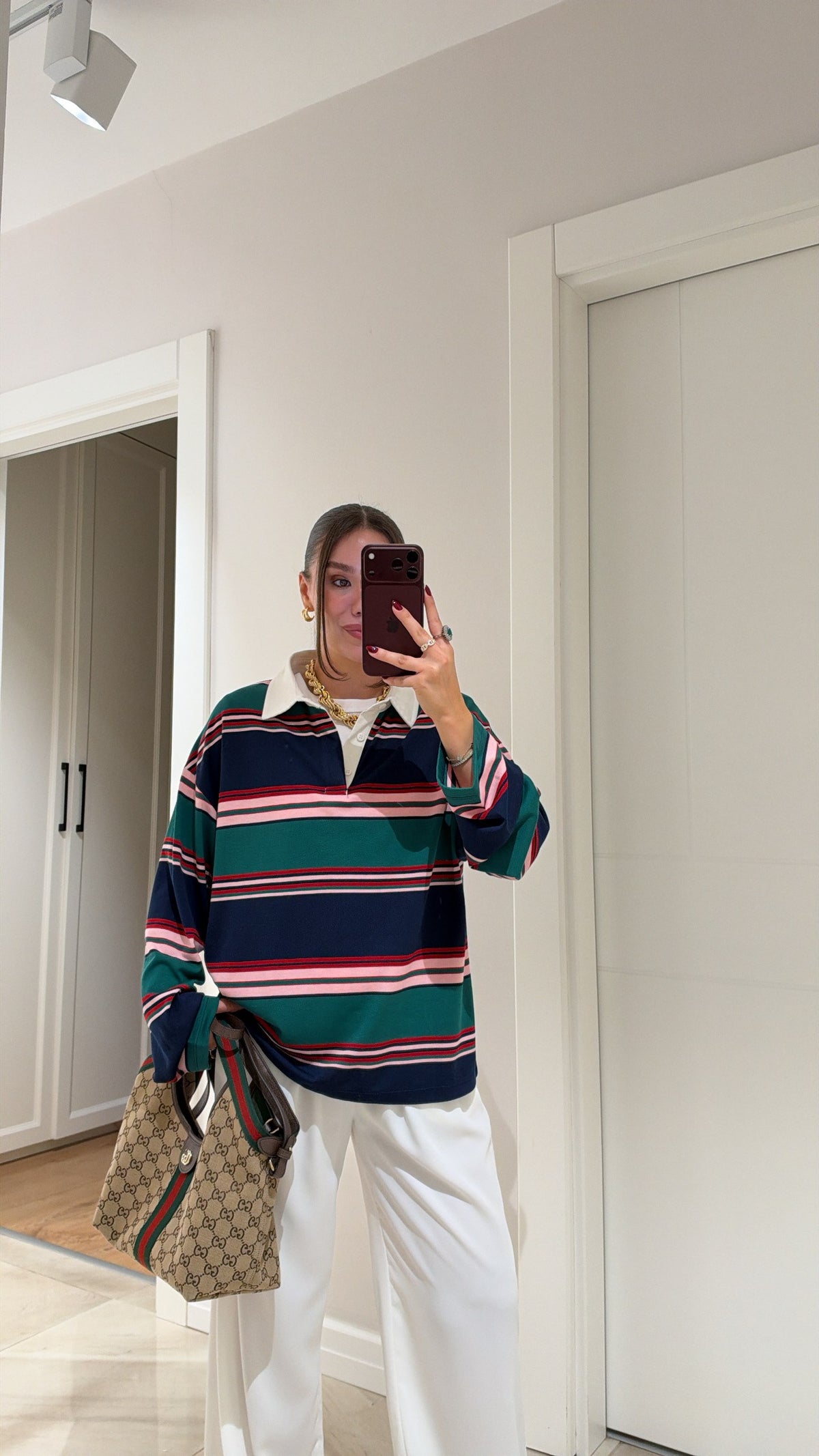 Zra model Green and Navy Striped Polo Shirt