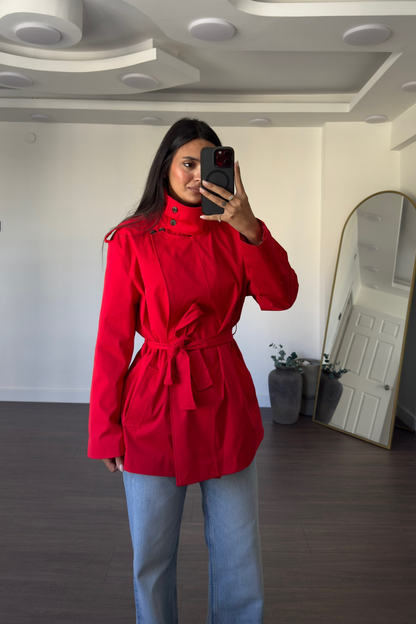 Gabardine fabric high collar Belted trenchcoat - red
