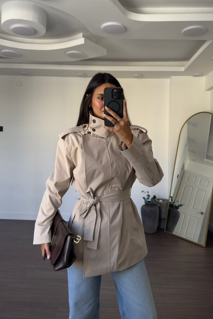 Gabardine fabric high collar Belted trenchcoat - khaki