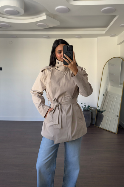 Gabardine fabric high collar Belted trenchcoat - khaki
