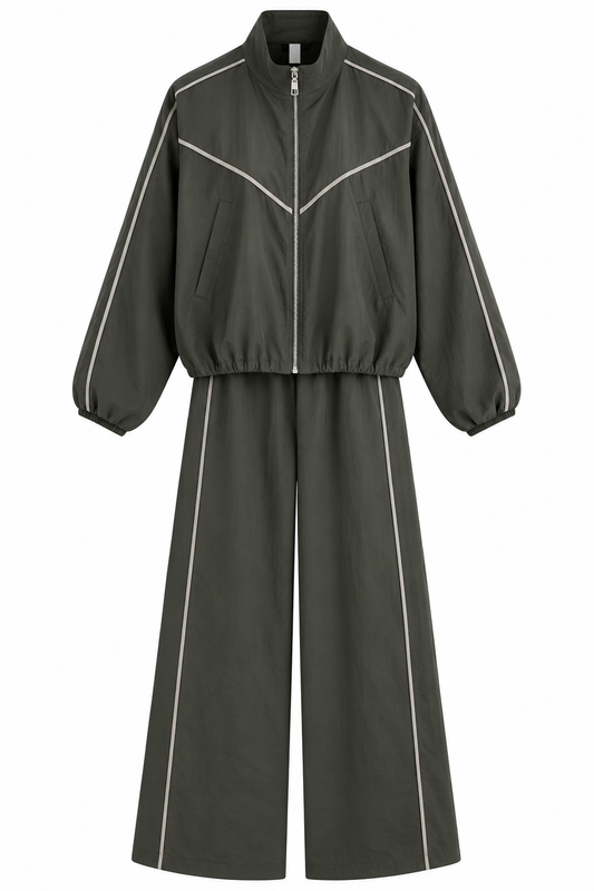 Cassa Piped Parachute Tracksuit Set - olive green