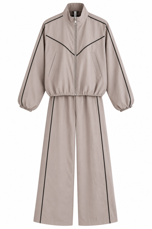 Cassa Piped Parachute Tracksuit Set - beige
