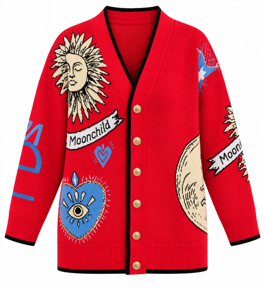 Graphic Button-Up Cardigan - red