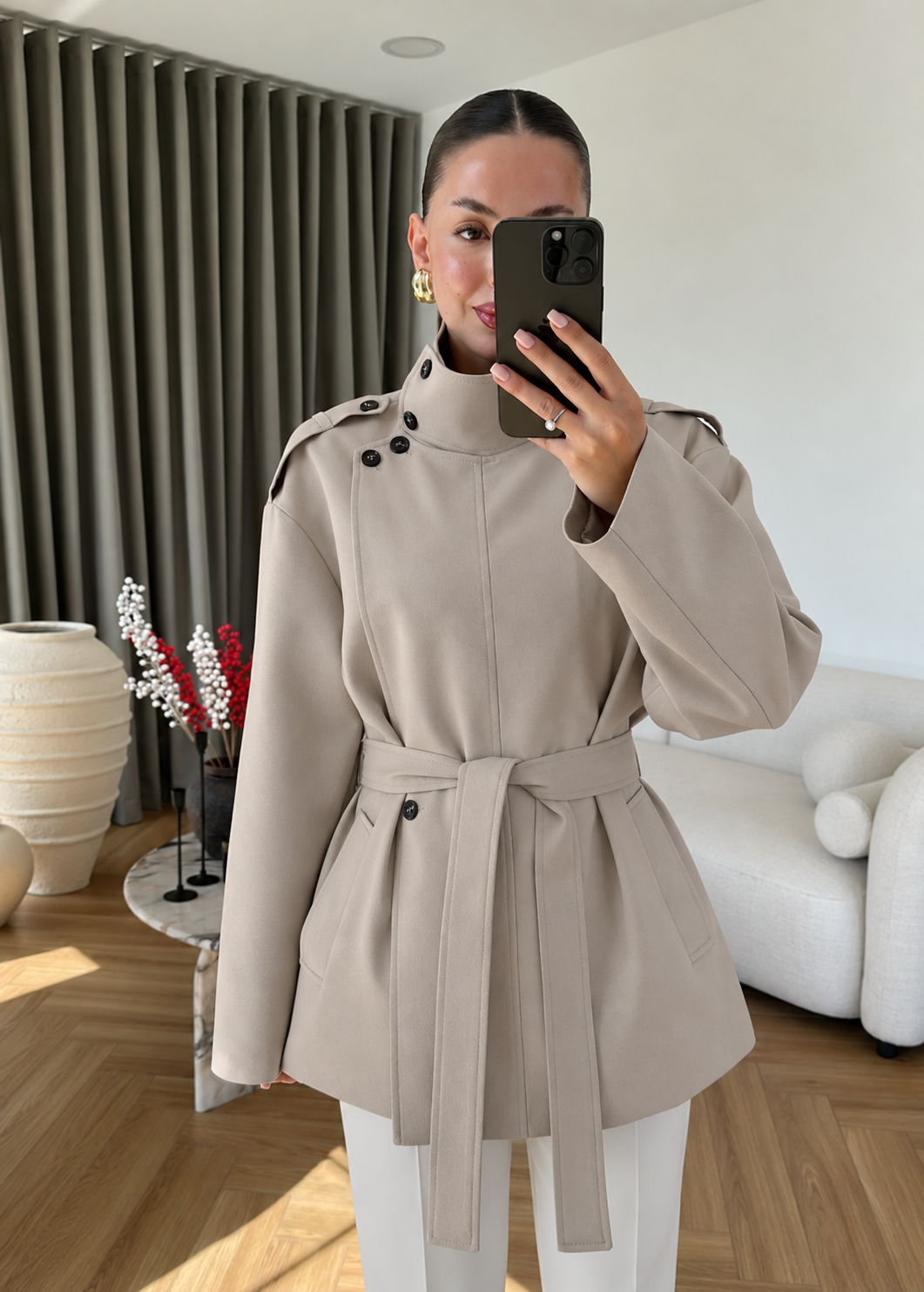Gabardine fabric high collar Belted trenchcoat - khaki