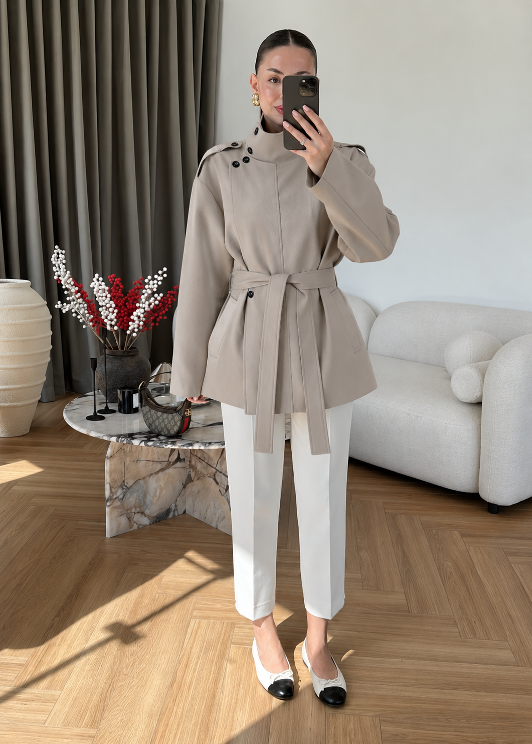 Gabardine fabric high collar Belted trenchcoat - khaki