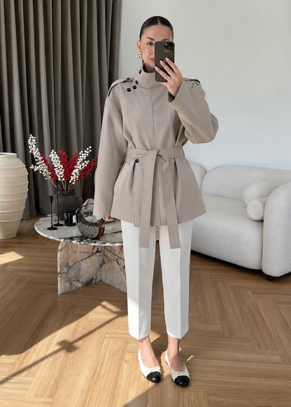 Gabardine fabric high collar Belted trenchcoat - khaki