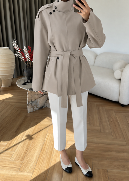Gabardine fabric high collar Belted trenchcoat - khaki