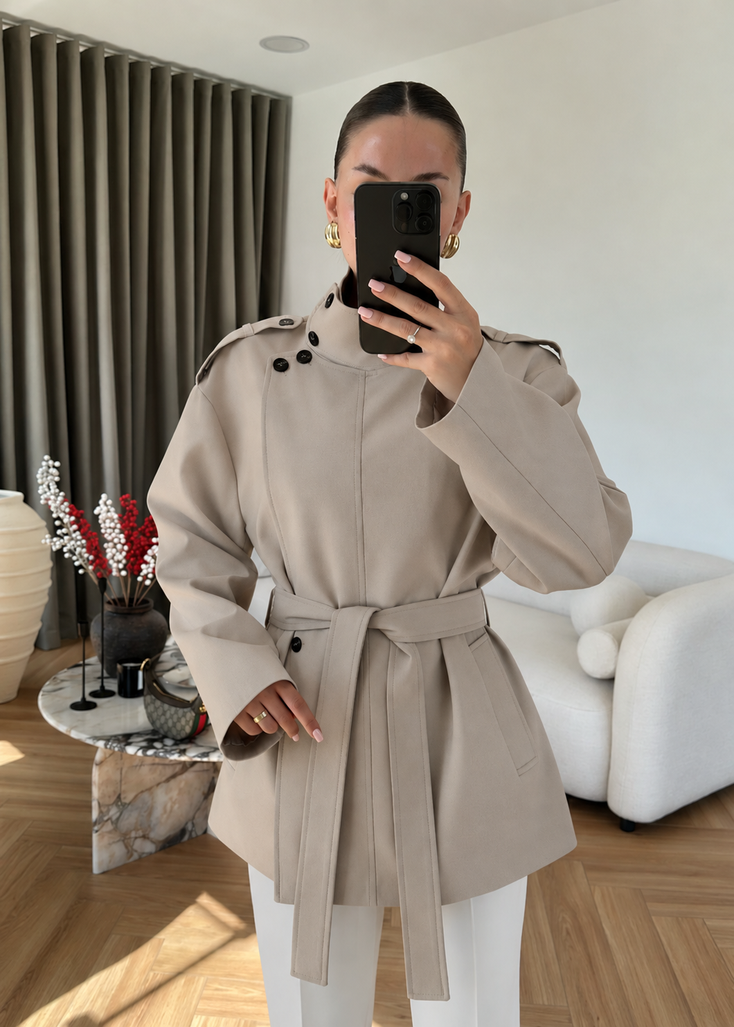 Gabardine fabric high collar Belted trenchcoat - khaki