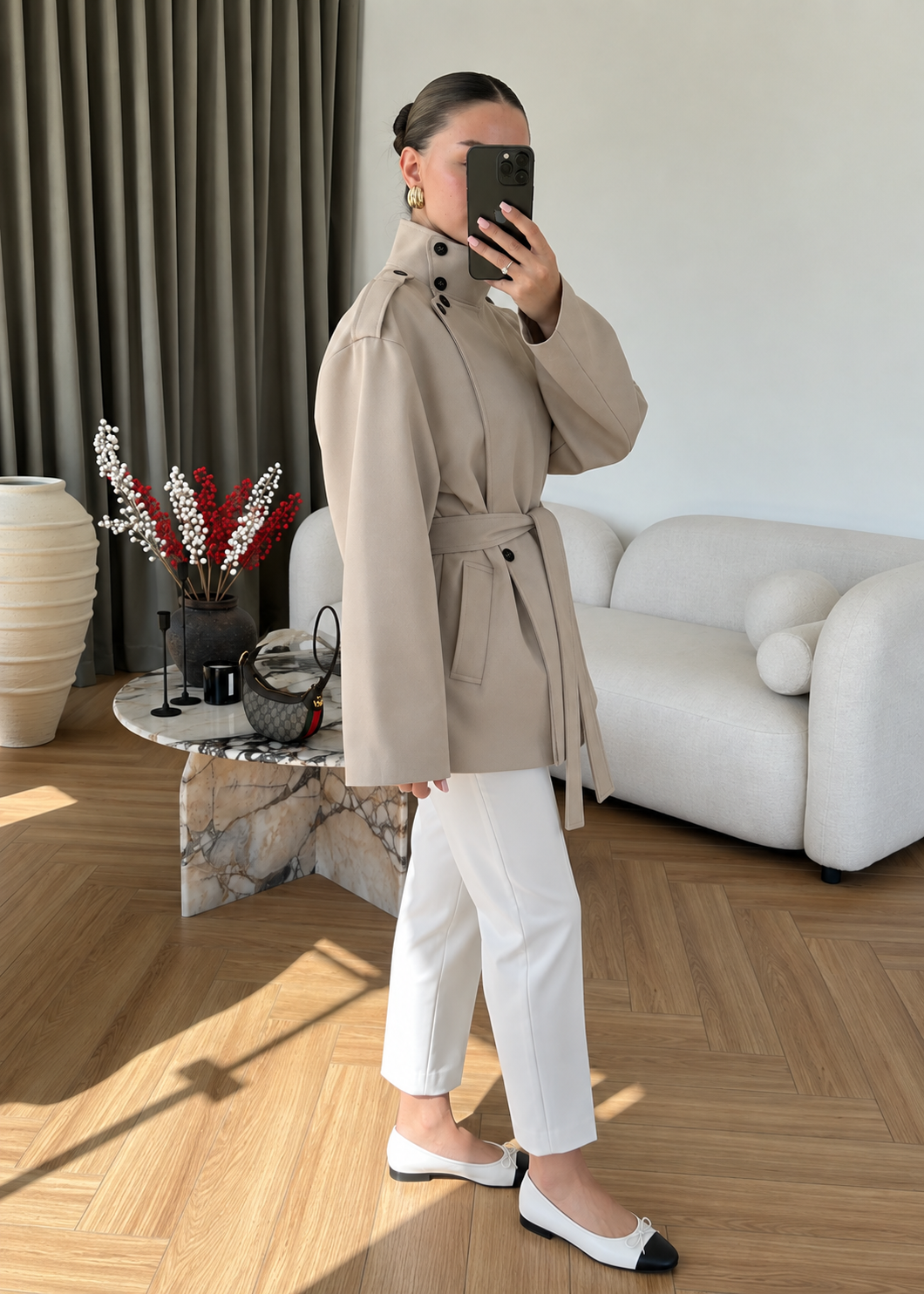Gabardine fabric high collar Belted trenchcoat - khaki