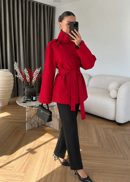 Gabardine fabric high collar Belted trenchcoat - red