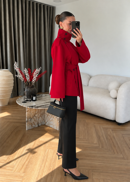 Gabardine fabric high collar Belted trenchcoat - red
