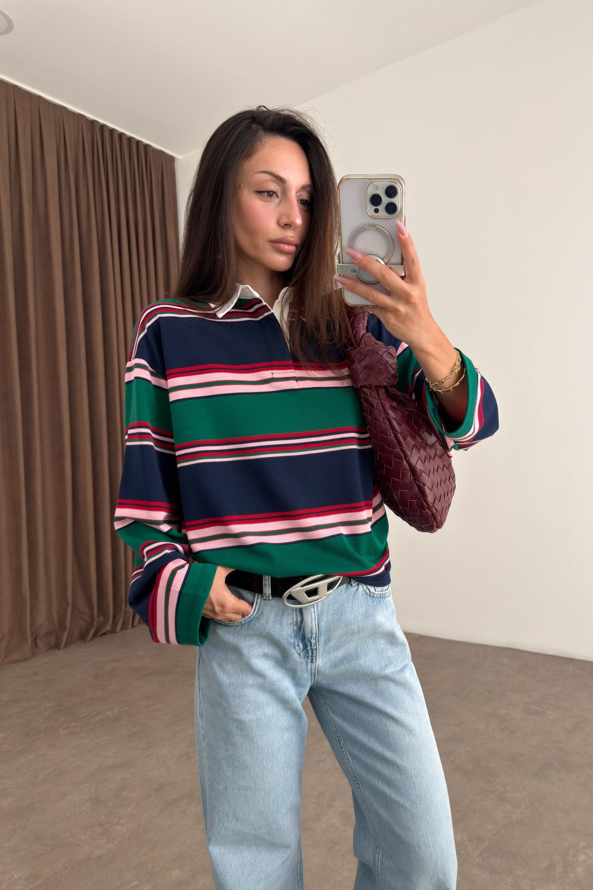 Zra model Green and Navy Striped Polo Shirt