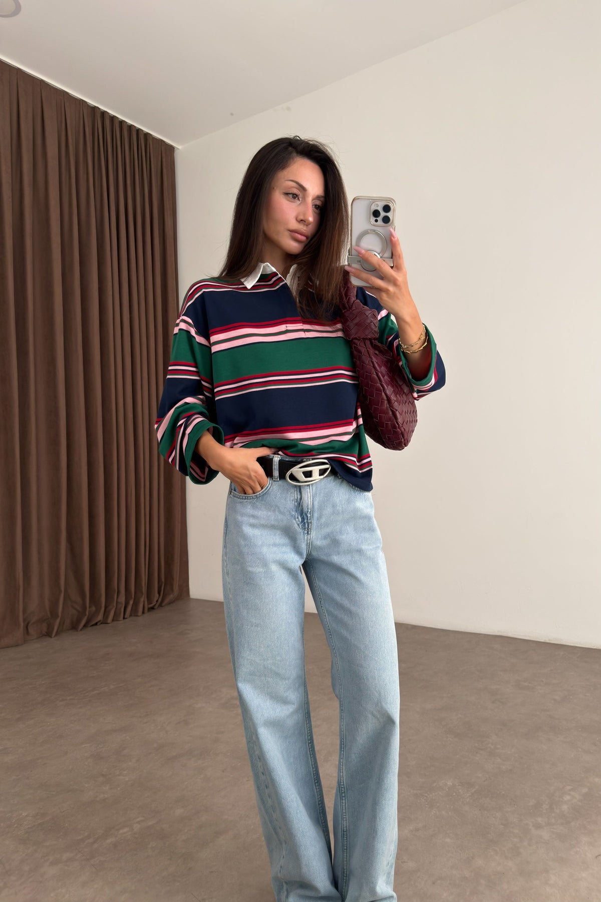 Zra model Green and Navy Striped Polo Shirt