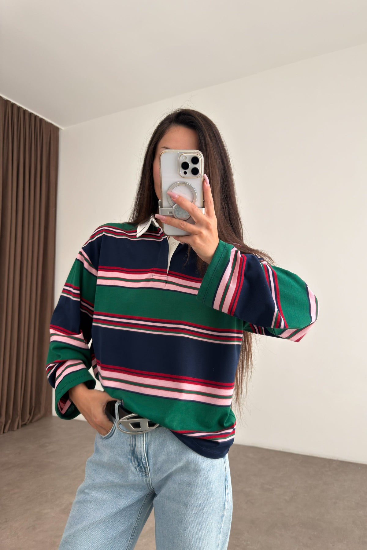 Zra model Green and Navy Striped Polo Shirt