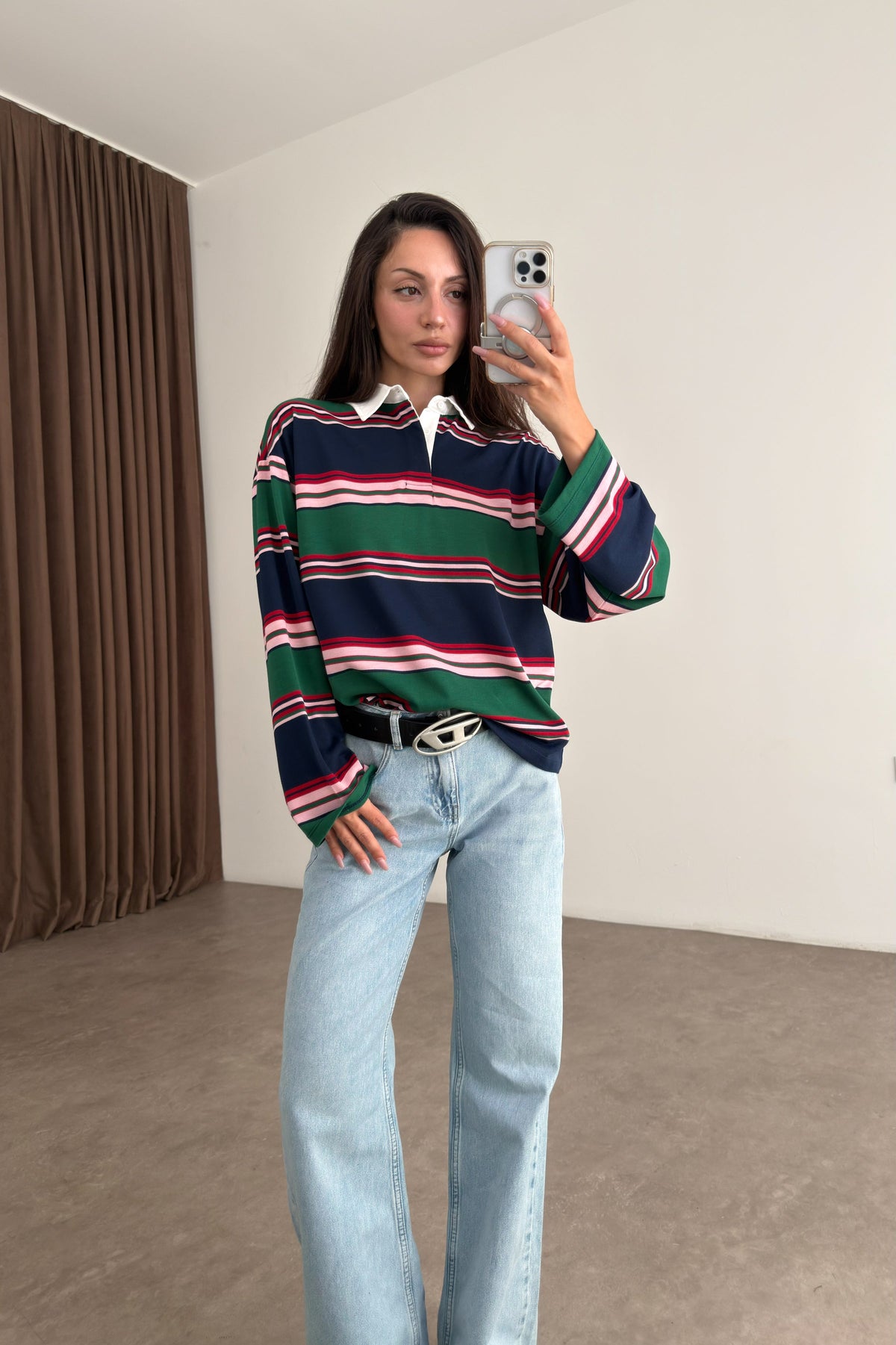 Zra model Green and Navy Striped Polo Shirt