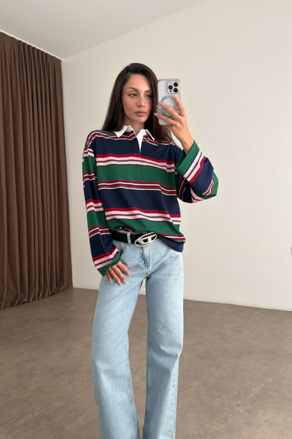 Zra model Green and Navy Striped Polo Shirt