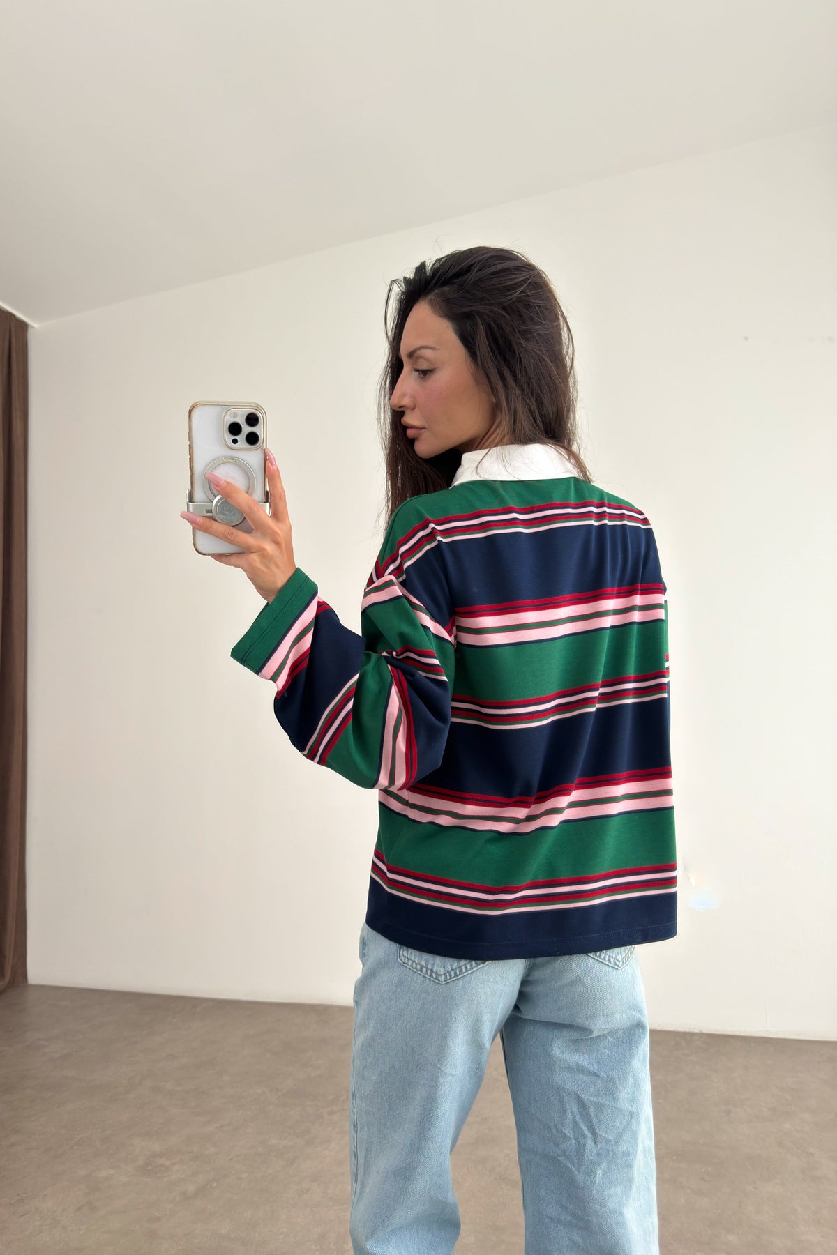 Zra model Green and Navy Striped Polo Shirt