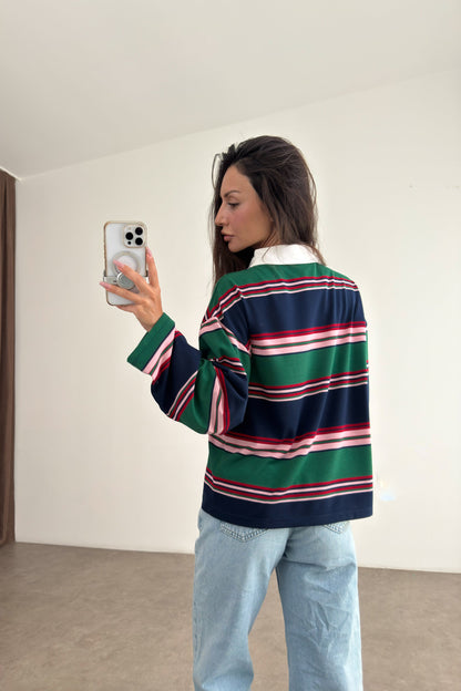 Zra model Green and Navy Striped Polo Shirt
