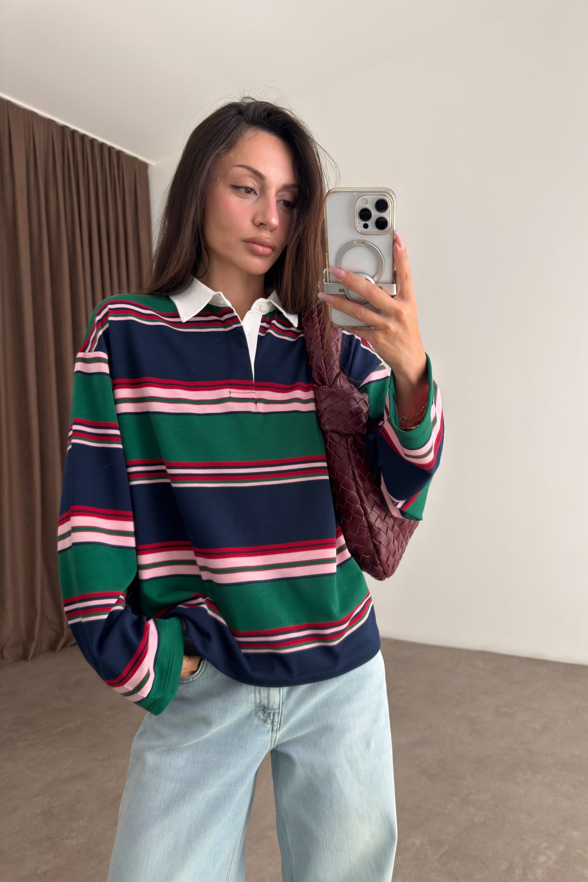 Zra model Green and Navy Striped Polo Shirt
