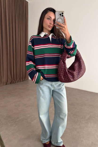 Zra model Green and Navy Striped Polo Shirt