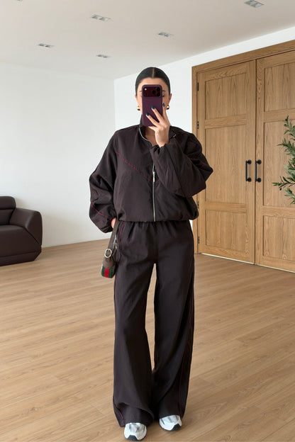 Cassa Piped Parachute Tracksuit Set - brown