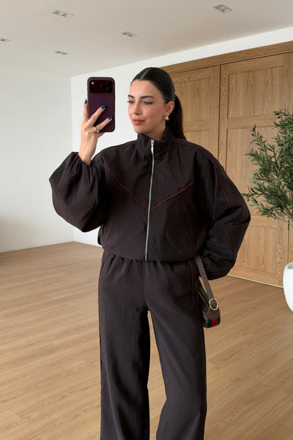 Cassa Piped Parachute Tracksuit Set - brown