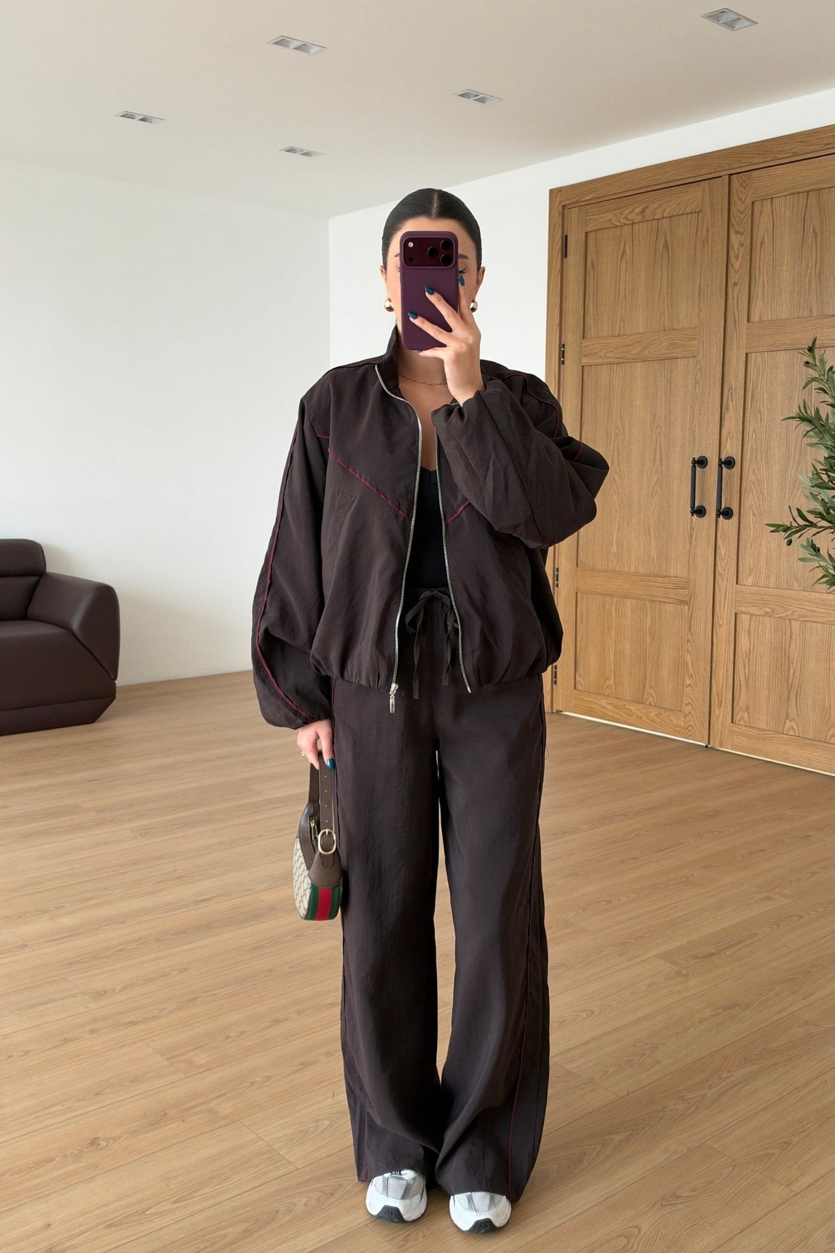 Cassa Piped Parachute Tracksuit Set - brown