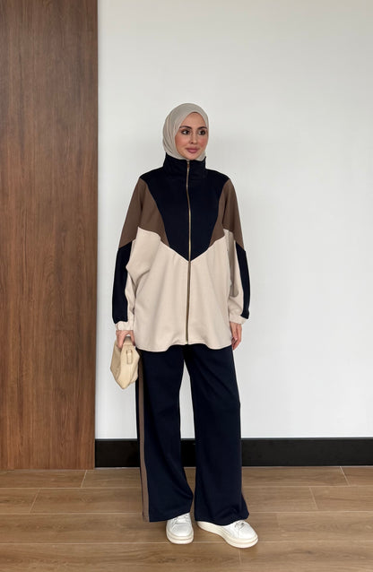 Contrast Panel Zip-Up Jacket & Wide-Leg Pants Set