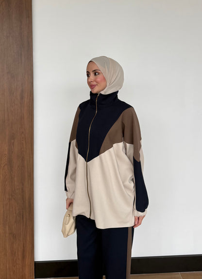 Contrast Panel Zip-Up Jacket & Wide-Leg Pants Set