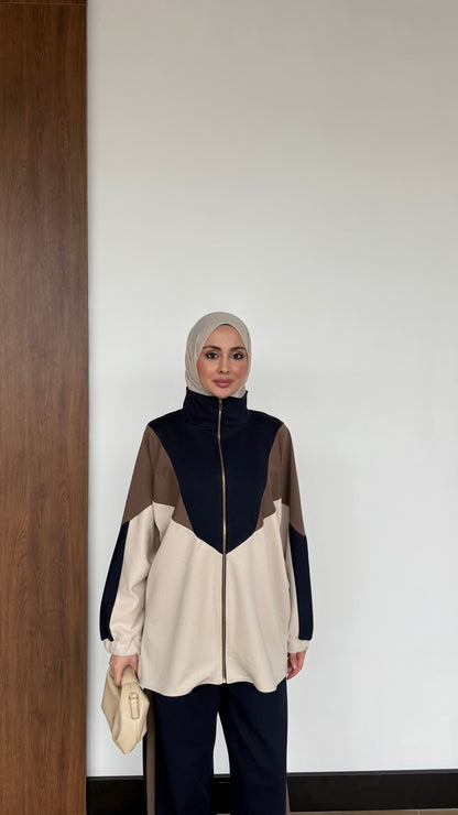 Contrast Panel Zip-Up Jacket & Wide-Leg Pants Set