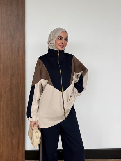 Contrast Panel Zip-Up Jacket & Wide-Leg Pants Set