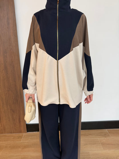 Contrast Panel Zip-Up Jacket & Wide-Leg Pants Set