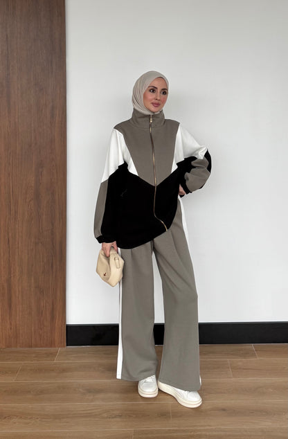 Contrast Panel Zip-Up Jacket & Wide-Leg Pants Set
