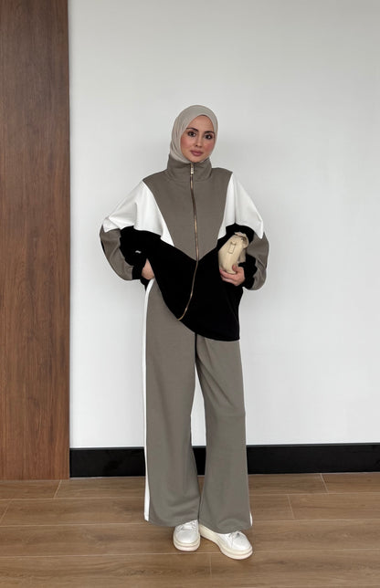 Contrast Panel Zip-Up Jacket & Wide-Leg Pants Set