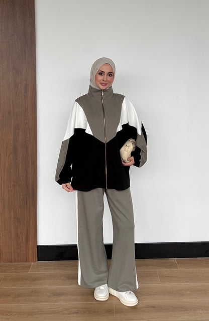 Contrast Panel Zip-Up Jacket & Wide-Leg Pants Set
