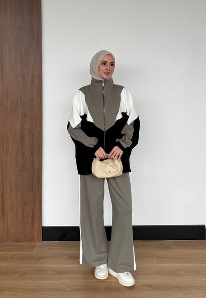 Contrast Panel Zip-Up Jacket & Wide-Leg Pants Set