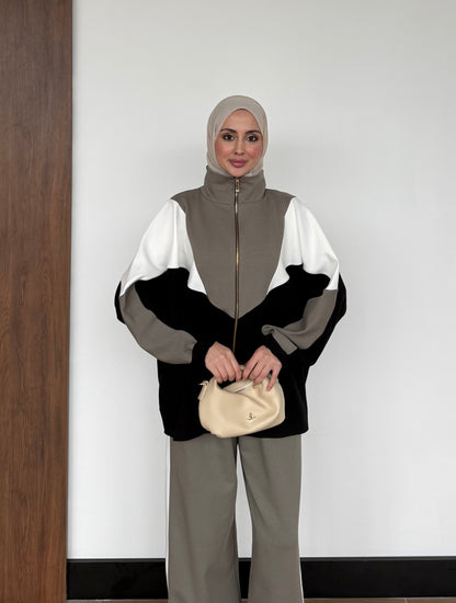 Contrast Panel Zip-Up Jacket & Wide-Leg Pants Set