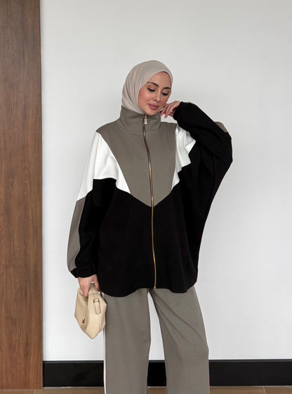 Contrast Panel Zip-Up Jacket & Wide-Leg Pants Set