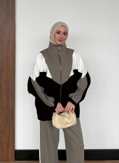 Contrast Panel Zip-Up Jacket & Wide-Leg Pants Set
