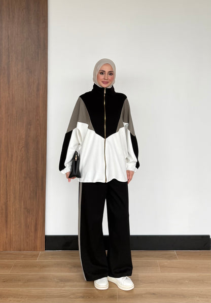 Contrast Panel Zip-Up Jacket & Wide-Leg Pants Set
