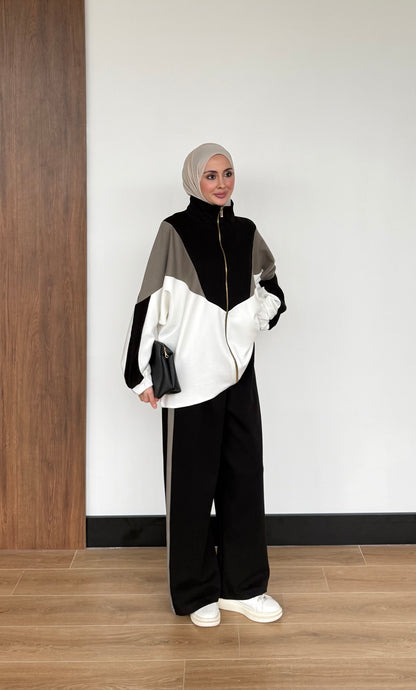 Contrast Panel Zip-Up Jacket & Wide-Leg Pants Set