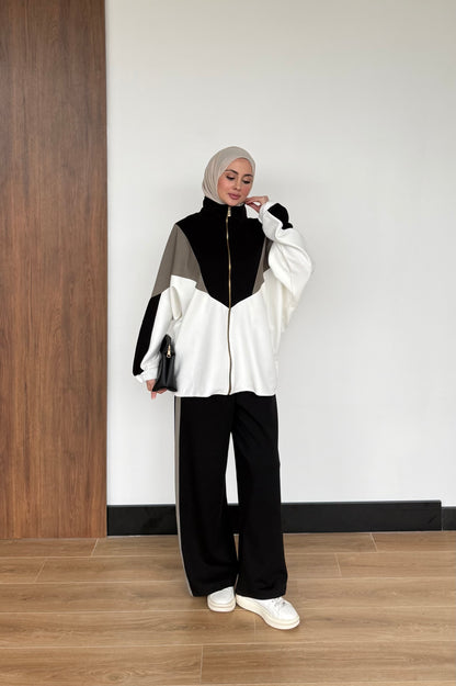 Contrast Panel Zip-Up Jacket & Wide-Leg Pants Set