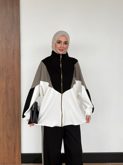 Contrast Panel Zip-Up Jacket & Wide-Leg Pants Set